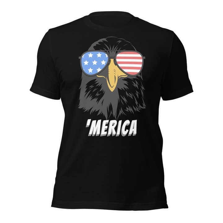 Patriottische zeearend met zonnebril met Amerikaanse vlag, 4 juli, Independence Day uniseks t-shirt voor wholesale door Howlydog Studios
