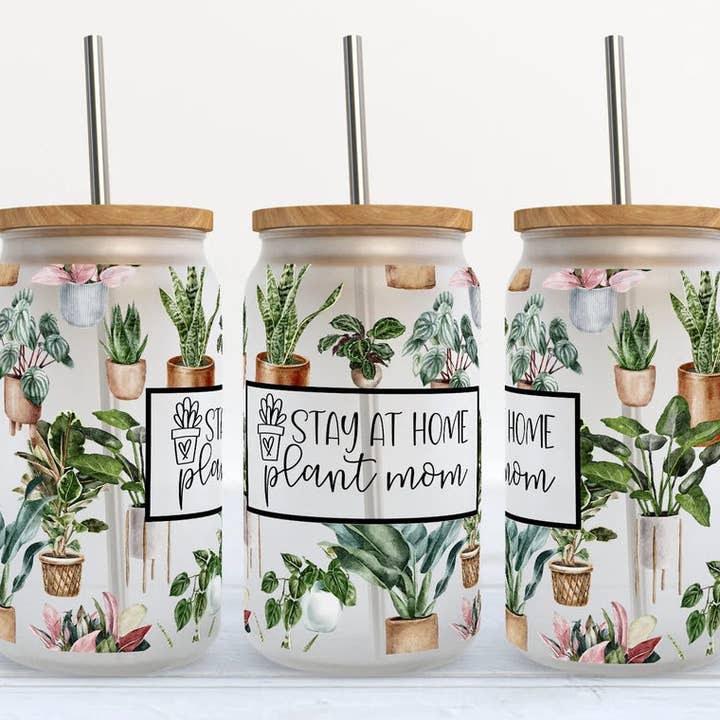 Stay at Home Plant Mom 16oz Libbey Glass Frosted Tumbler for wholesale by Kate Haven Glass Tumblers for Every Occasion