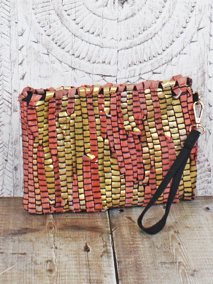 UPCYCLED SCRAP LEATHER CLUTCH BAG for wholesale by Suzie Blue