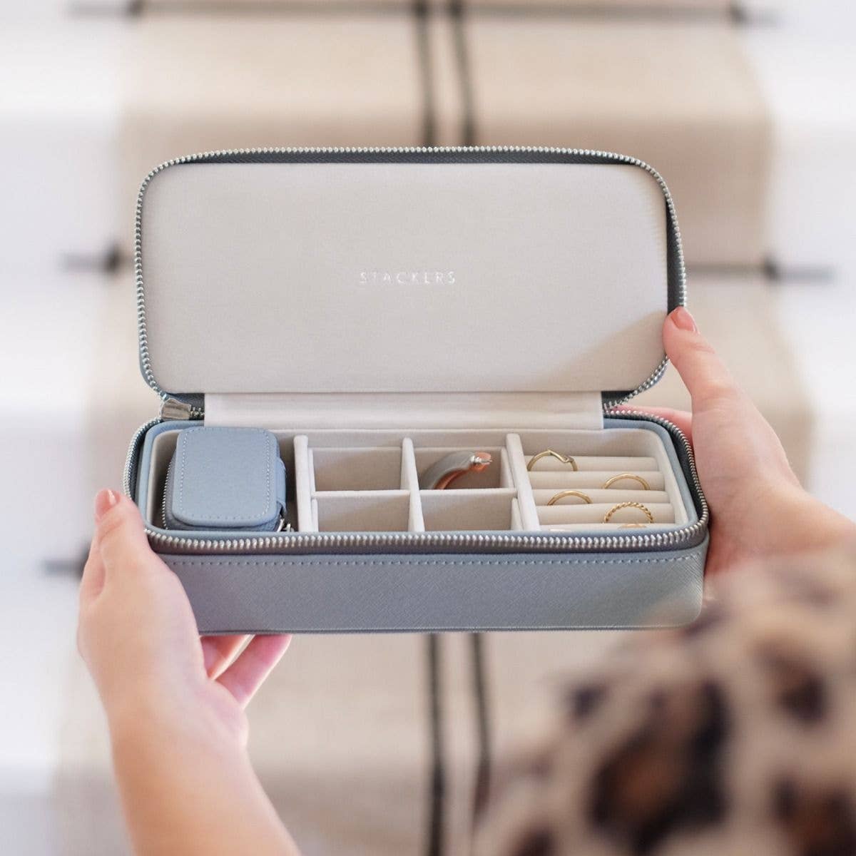 Stackers – wholesale Jewellery box/organiser – Dusky Blue Large Zipped Travel Jewellery Box2