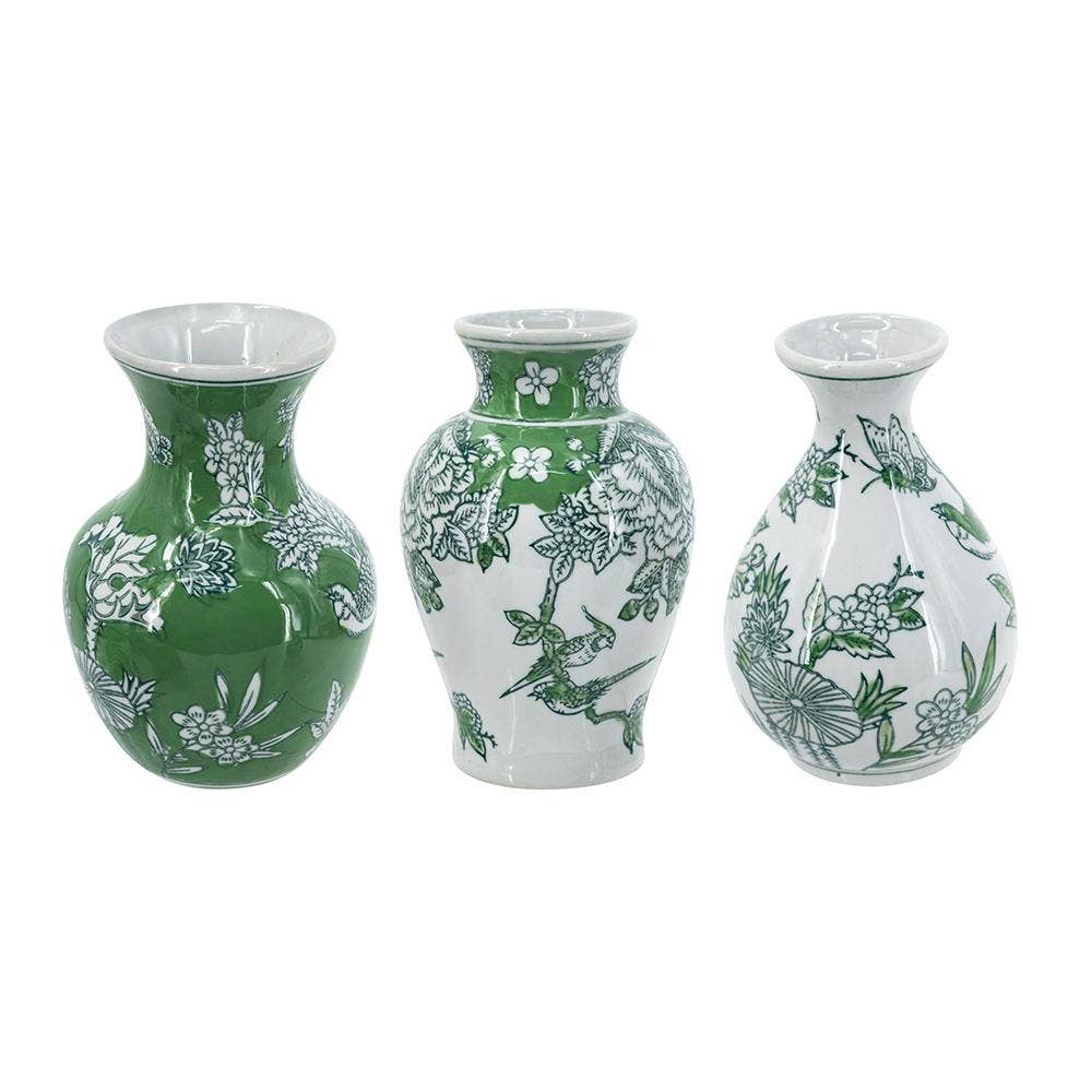 A&B Home Group Inc. - Wholesale Vase - S/3 Green & White Porcelain Vases w/ Nature-Inspired Motifs1