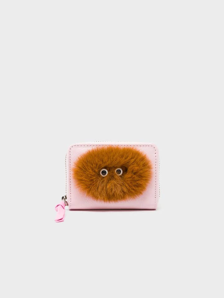 Frodo Parfait Pink Leather Zip Around Wallet - Fuzzy Monster Applique for wholesale by Min & Mon