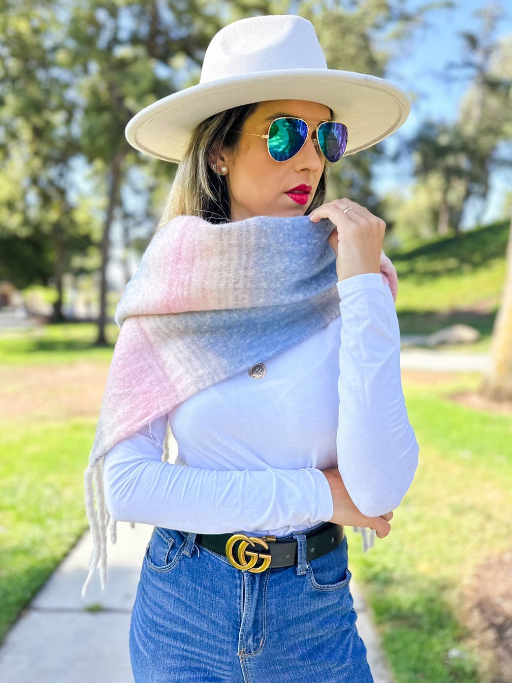 Multi Two-Tone Printed Knit Oblong Scarf with Tassels for wholesale on Faire4