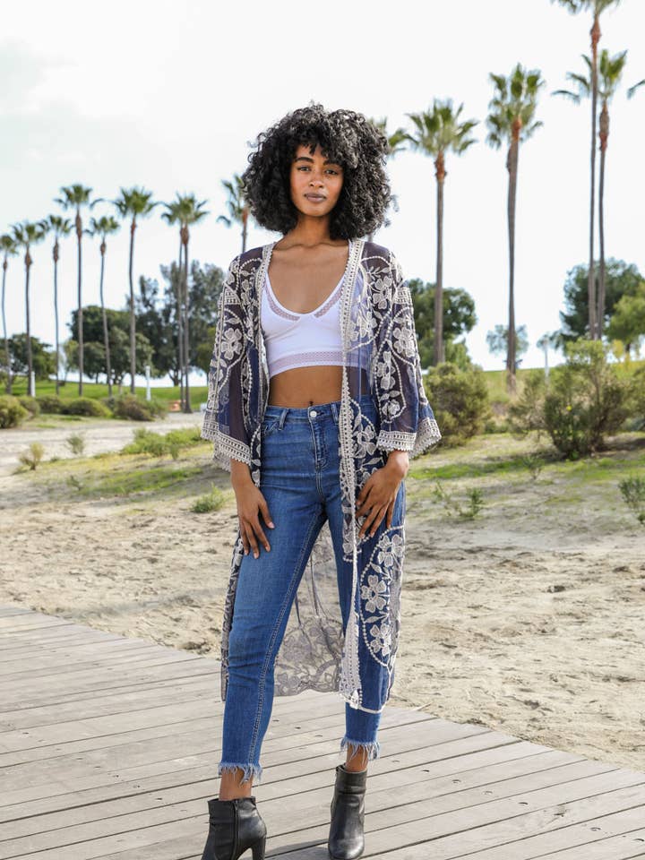 Leto Accessories - Wholesale Kimono - Women's - Contrast Mesh Cotton Lace Longline Kimono 🎀