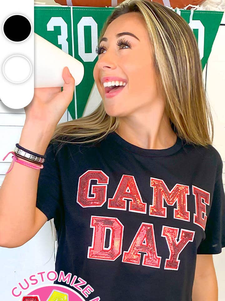 Game Day Sequin Graphic Crop Top Shirt for wholesale by Sugar Stitch