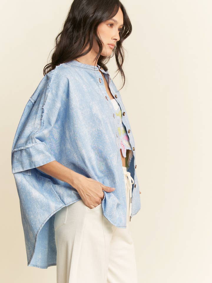 WASHED DENIM STAND COLLAR FRINGE HEM LOOSE SHIRT for wholesale on Faire3