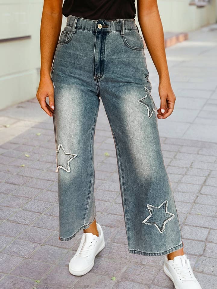 Star Patchwork Cropped Wide Leg High Waist Jeans for wholesale by 1 the Woman