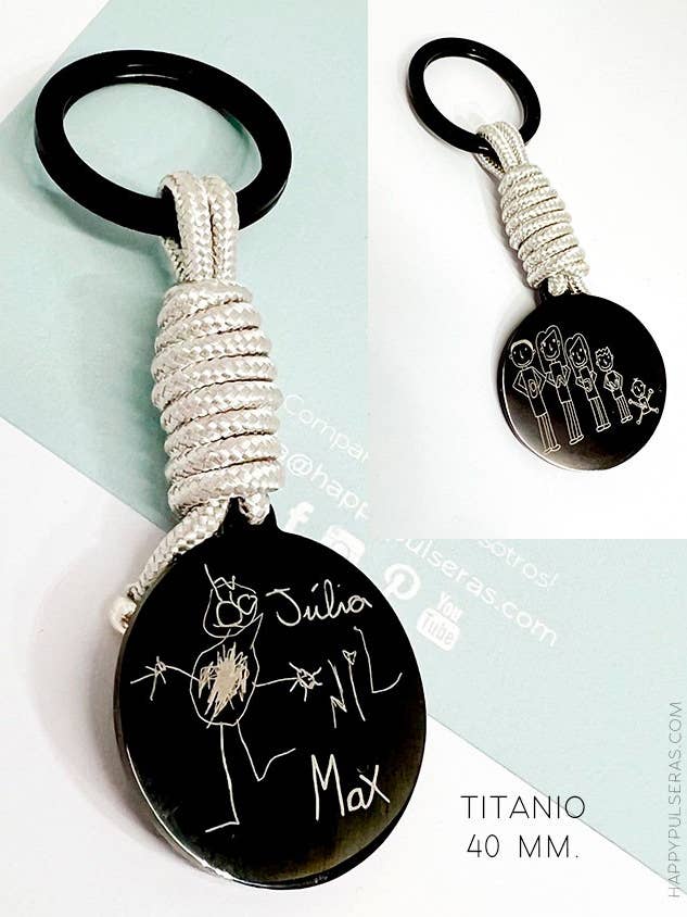 Llavero acero NEGRO cordón color 40 mm con 2 dibujos . para venta al por mayor de Happypulseras