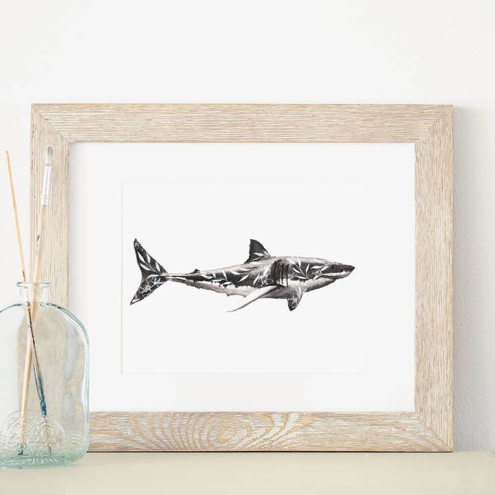 Floral Shark watercolor print, 8x10 or 5x7 Fine Art Print for wholesale by ALR Designs