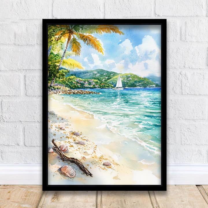 Jomfruøerne Akvarelmaleri Caribisk Kunst Jomfruøerne Plakat Tropisk Havlandskab Akvarel Kystindretning for engroshandel hos InkNPrintz