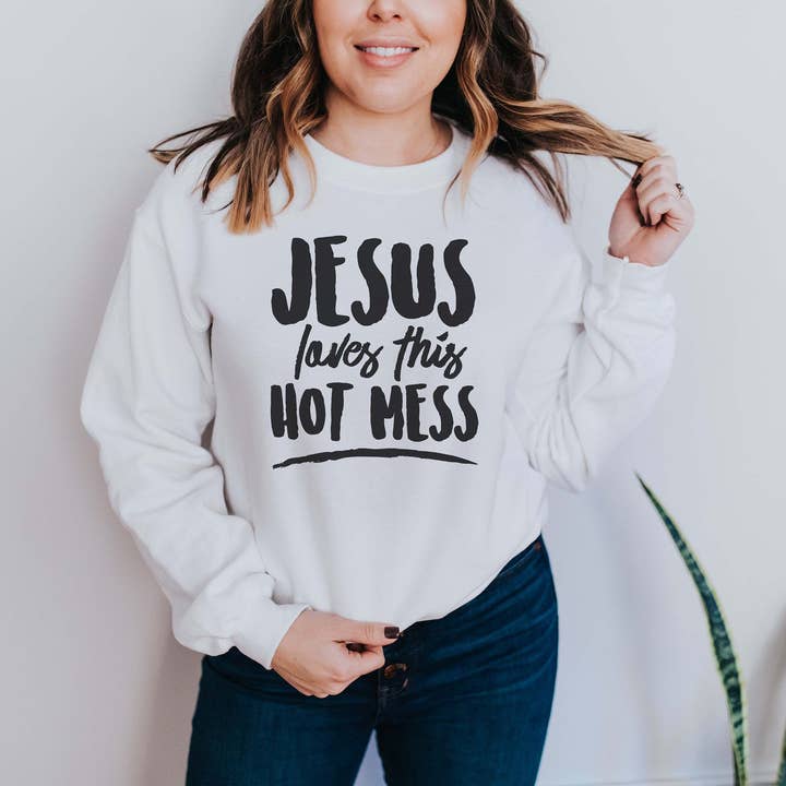 Jesus Loves This Hot Mess Unisex Sweatshirt Fun Jesus Shirt für den Großhandel von Rising Tide Vintage