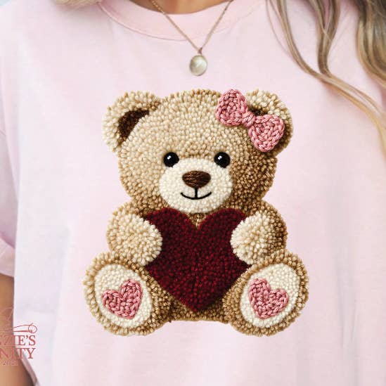 Faux Yarn Crochet Retro Valentine Bear Shirt, Bear Shirt for wholesale by McKenzie’s Infinity LLC
