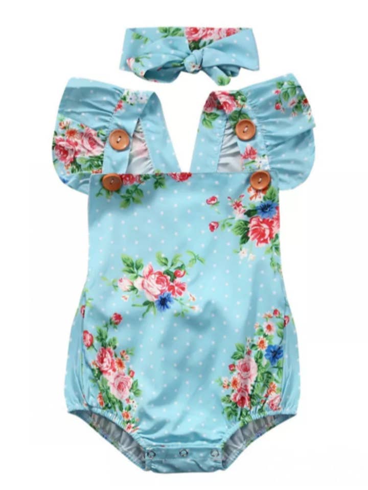 Fennco Styles - Wholesale Bodysuit (Non-Footed) - Baby - Blue Floral Print Ruffle Backless Baby Romper