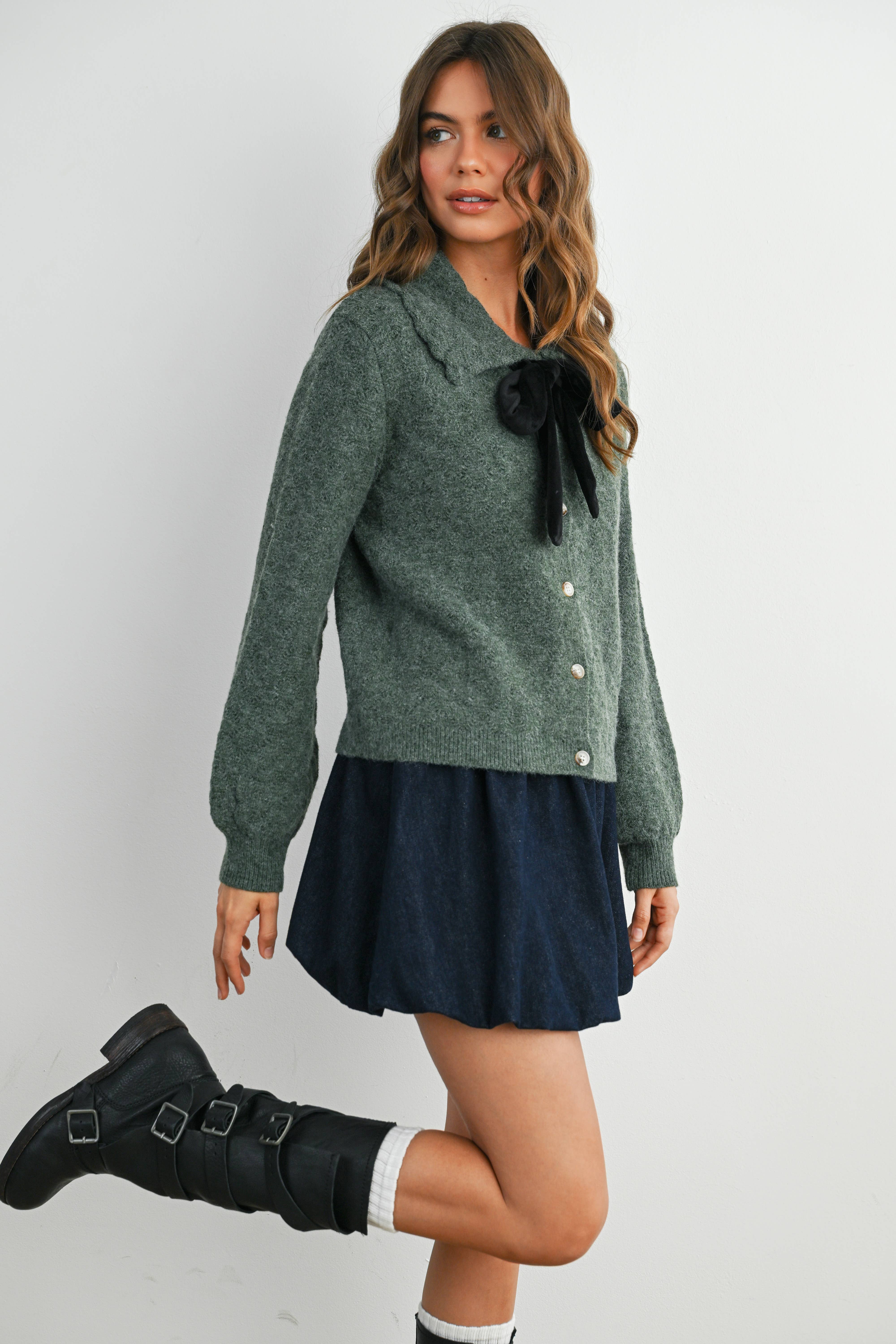 BUTTERMELON - Wholesale Cardigan - Women's - Button-Up Bow Front Collared Long Sleeve Top - BMC777611