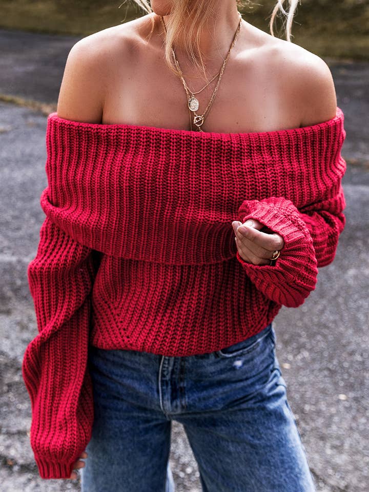 Racing Red Solid Off Shoulder Sweater for wholesale on Faire