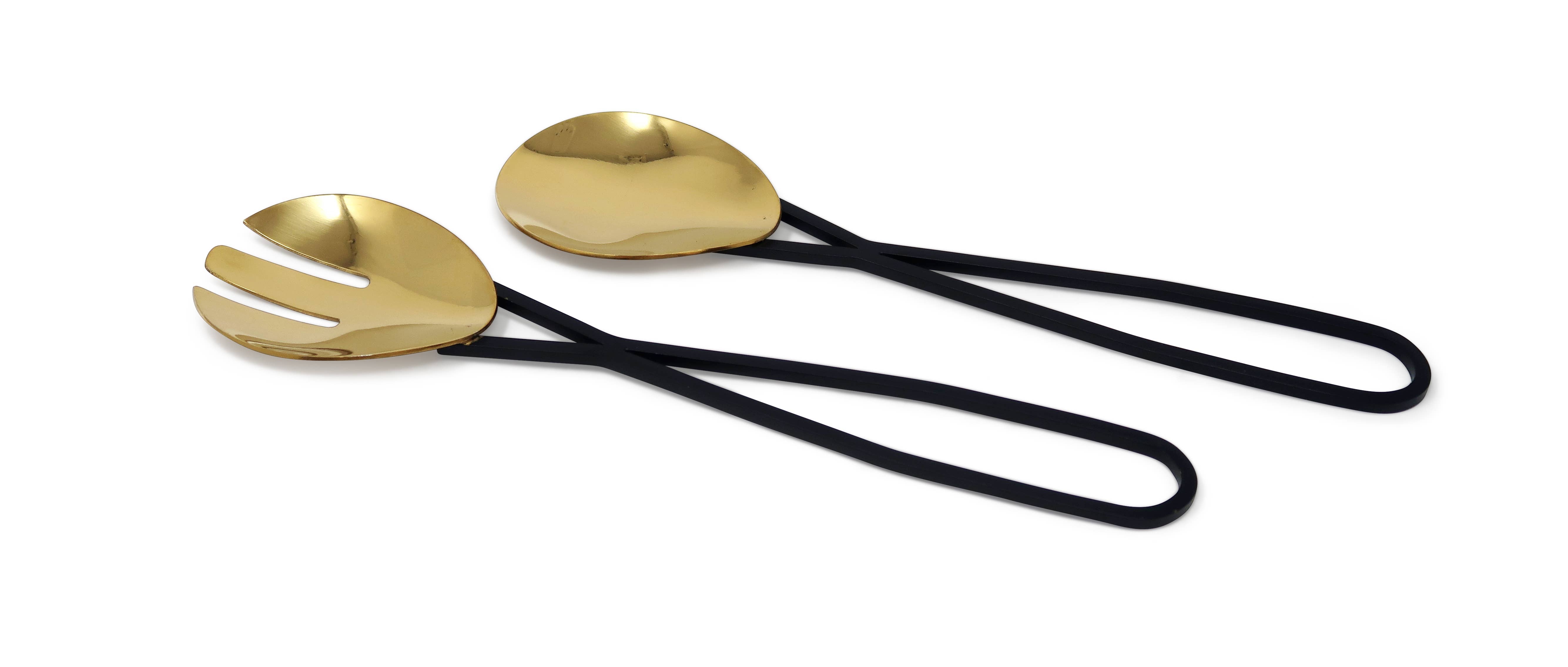 VIVIENCE - Wholesale Serving Utensil - Set of 2 Gold Salad Servers with Black Loop Handles2