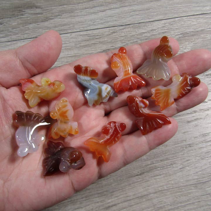 Carnelian & Green Agate Goldfish Figurine Beads for wholesale by Keystone Crystals