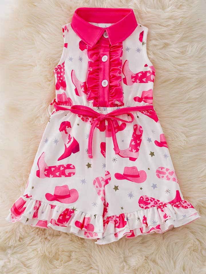 Western on white printed girls short romper. PNG20006 SOL for wholesale by Kids Charm Online