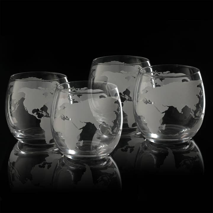 The Wine Savant / Khen Glassware – wholesale Cocktail/liquor glass – Etched World Globe Glasses 10 oz -Set of 42