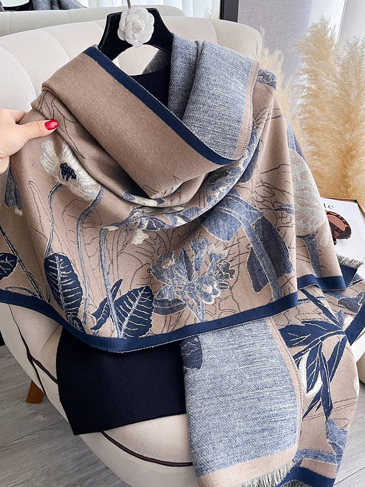 Navy / Beige Floral Butterfly Reversible Wrap for wholesale by Winding River