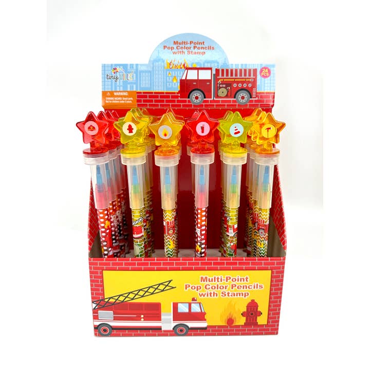 Fire Truck Stackable Crayon with Stamper Topper for wholesale by Tiny Mills
