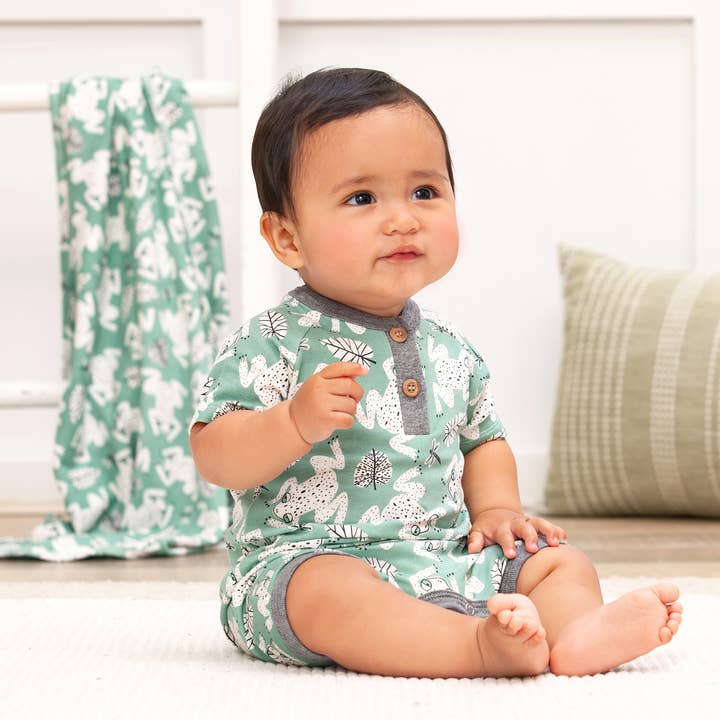 Leapfrog Baby Boy Henley Shortie Bamboo Romper for wholesale by Tesa Babe