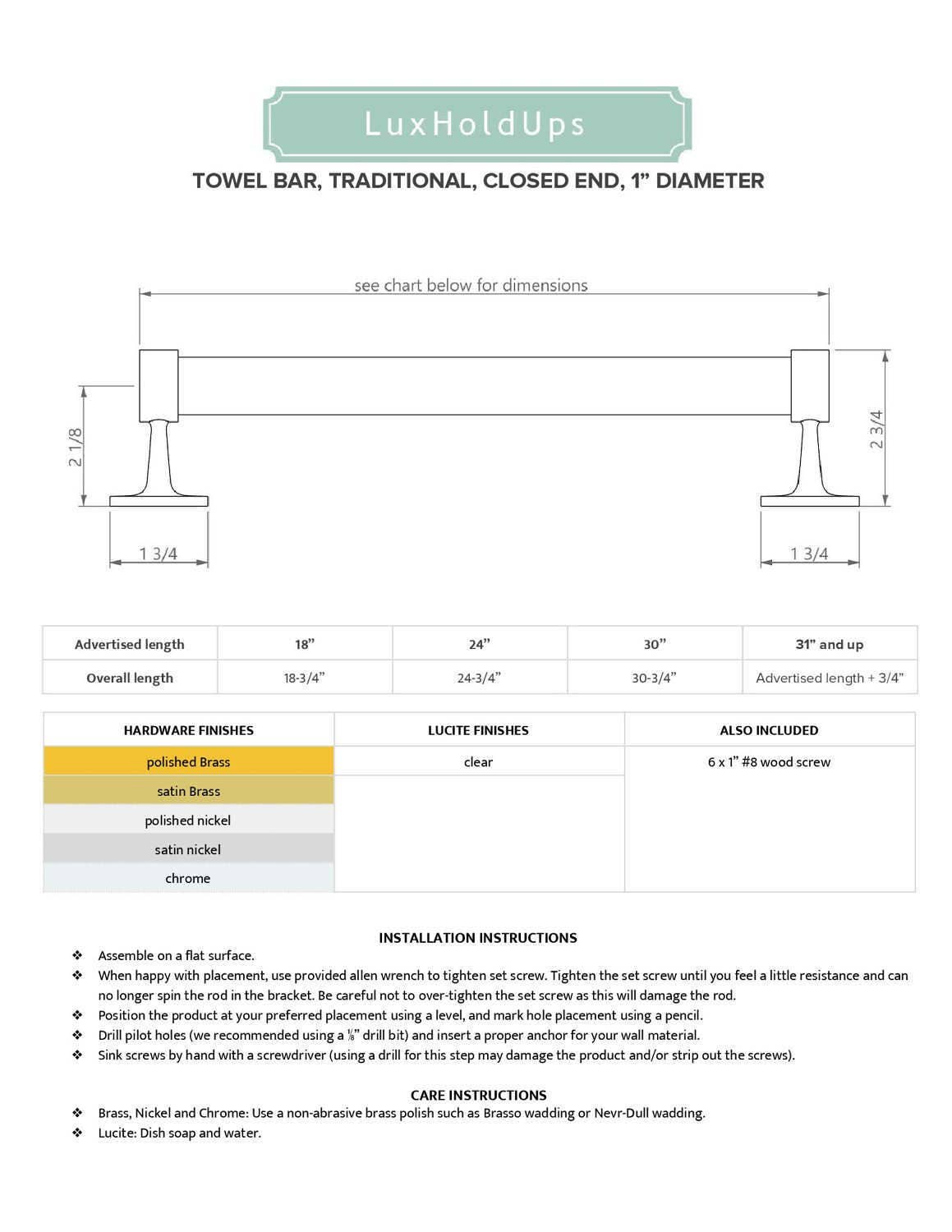 LuxHoldups - Wholesale Towel Holder/Hanger - Brass Lucite Retro Towel Bar with Hardware for Bathroom3