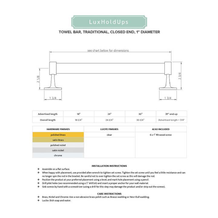 LuxHoldups - Wholesale Towel Holder/Hanger - Brass Lucite Retro Towel Bar with Hardware for Bathroom3