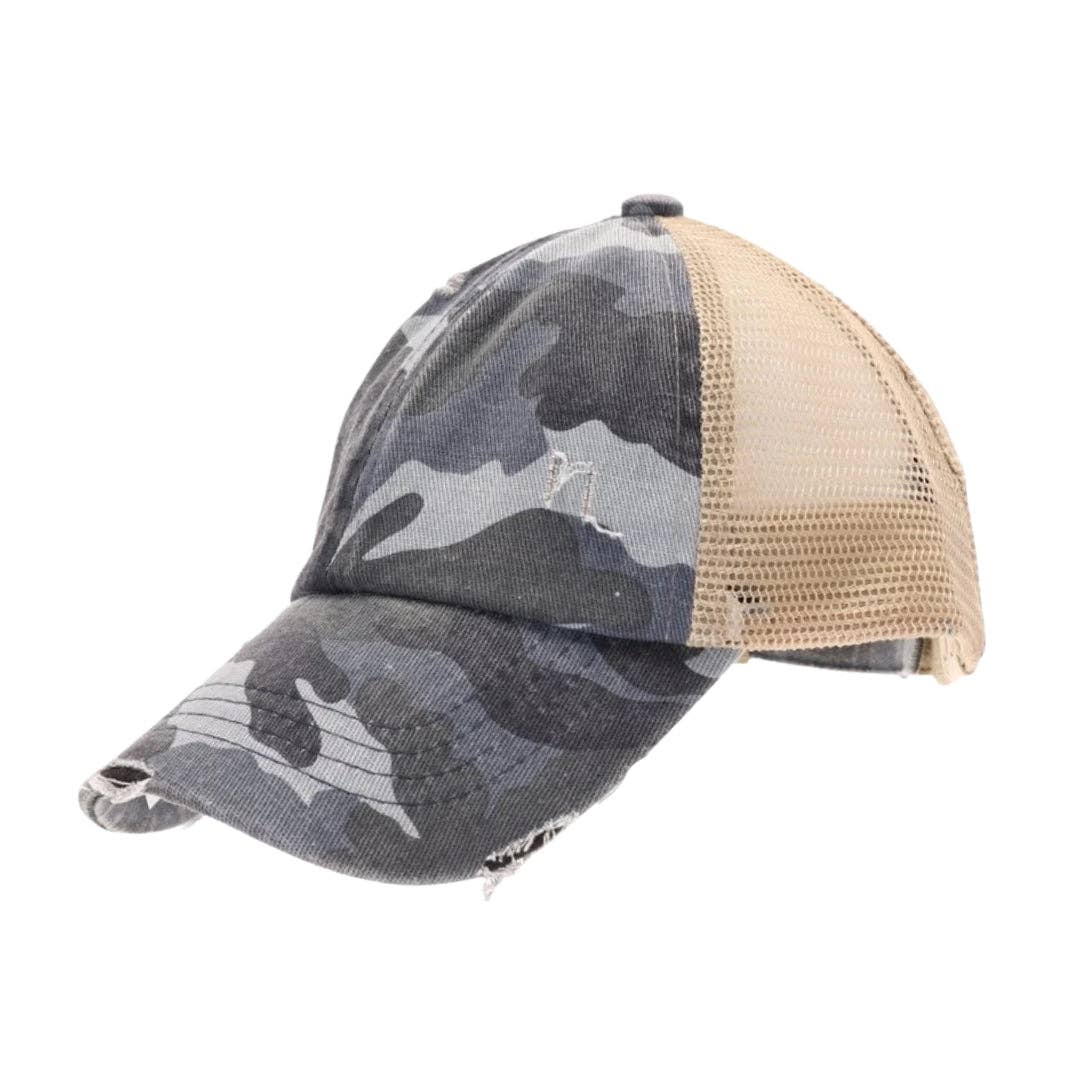 C.C Beanie – Engroshandel Baseballkasket - Til børn – BØRN Slidt Camouflage Kryds-og-tværs Høj Hestehale CC Kasket KIDSBT7832