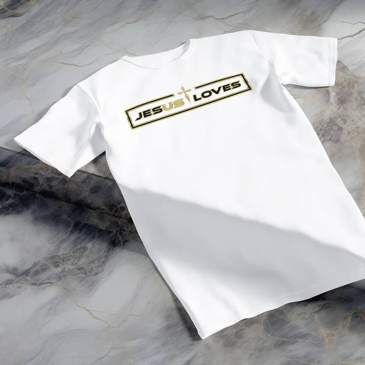 Christian Faith Shirt Jesus Loves Us Gold Cross T-Shirt for wholesale by AVISIONFX