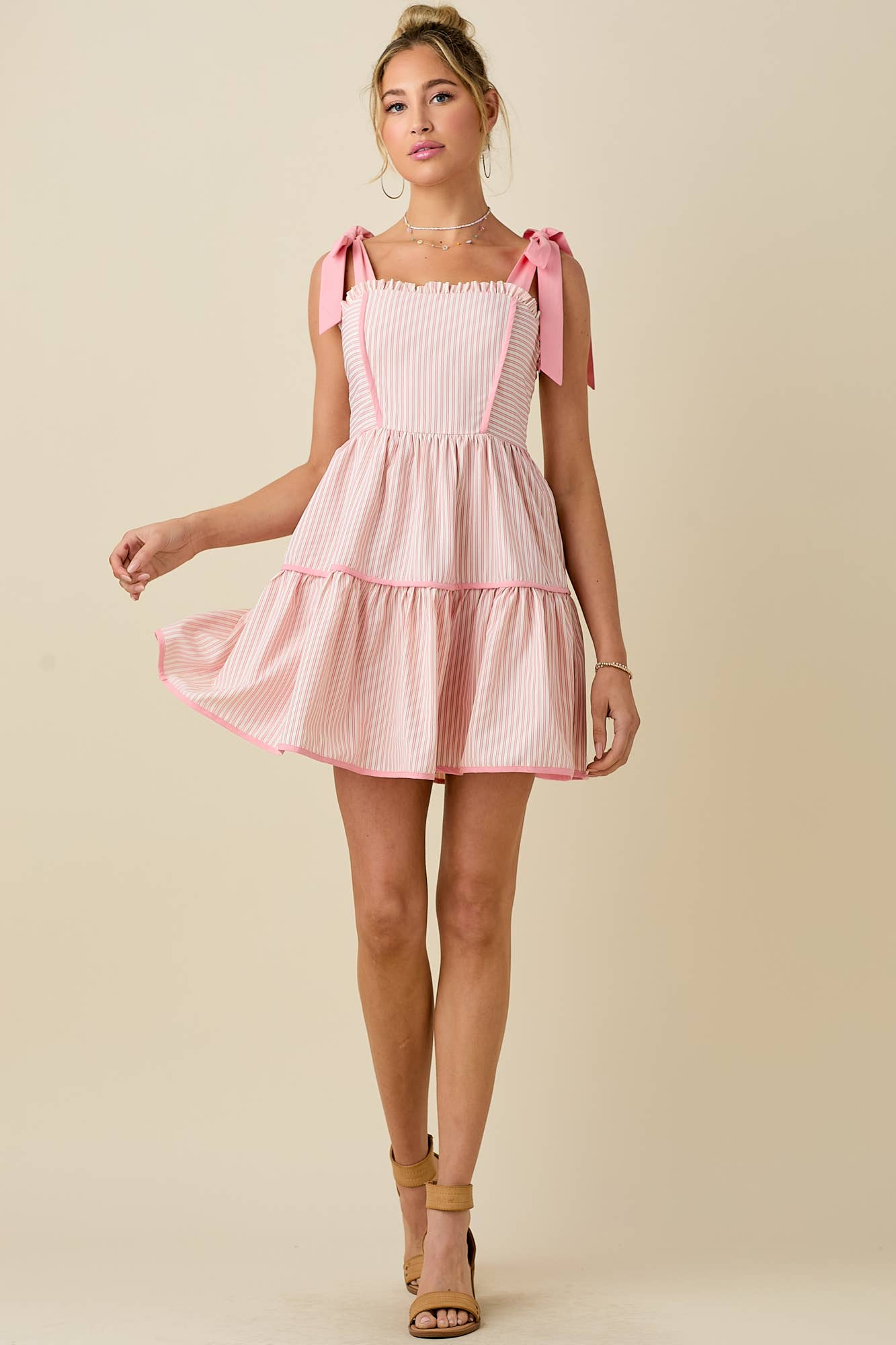 WHITE PINK Stripe mini dress with ribbon shoulder strap for wholesale on Faire3