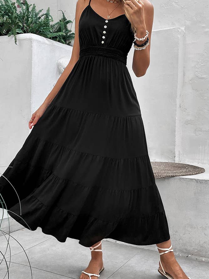 Black V Neck Buttoned Smocked Waist Maxi Dress BFZY510 for wholesale by UNISHE