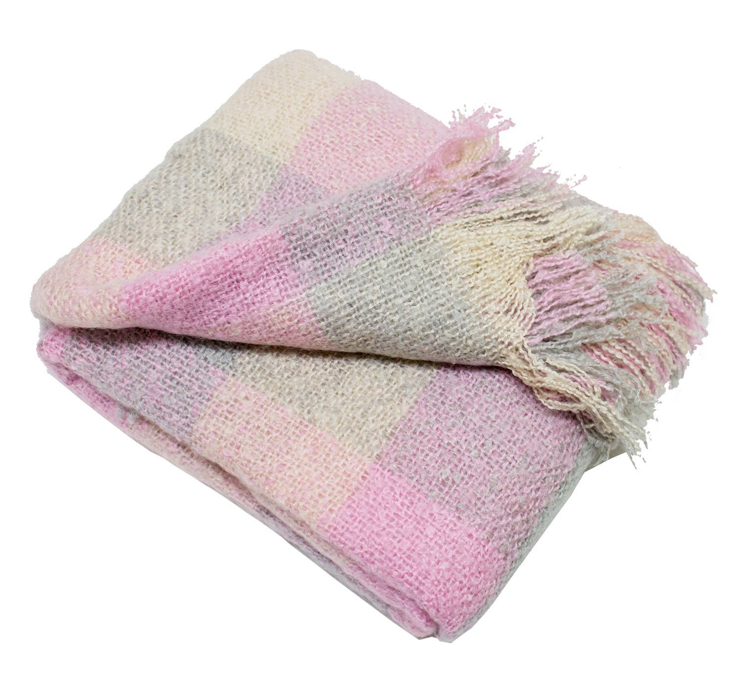 Fennco Styles - Wholesale Throw Blanket - Pink-Multi Faux Mohair Plaid Fringed Throw Blanket2