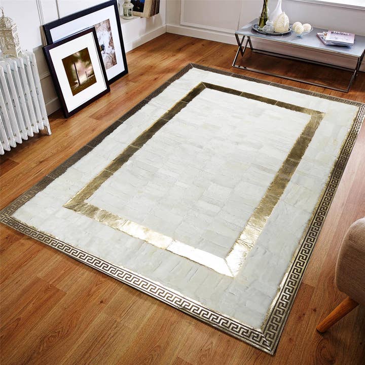 White Tuscan Fur Area Rug with Gold Border Fur Carpet Elegant for Living Room Rug for wholesale by Karelias And Sons