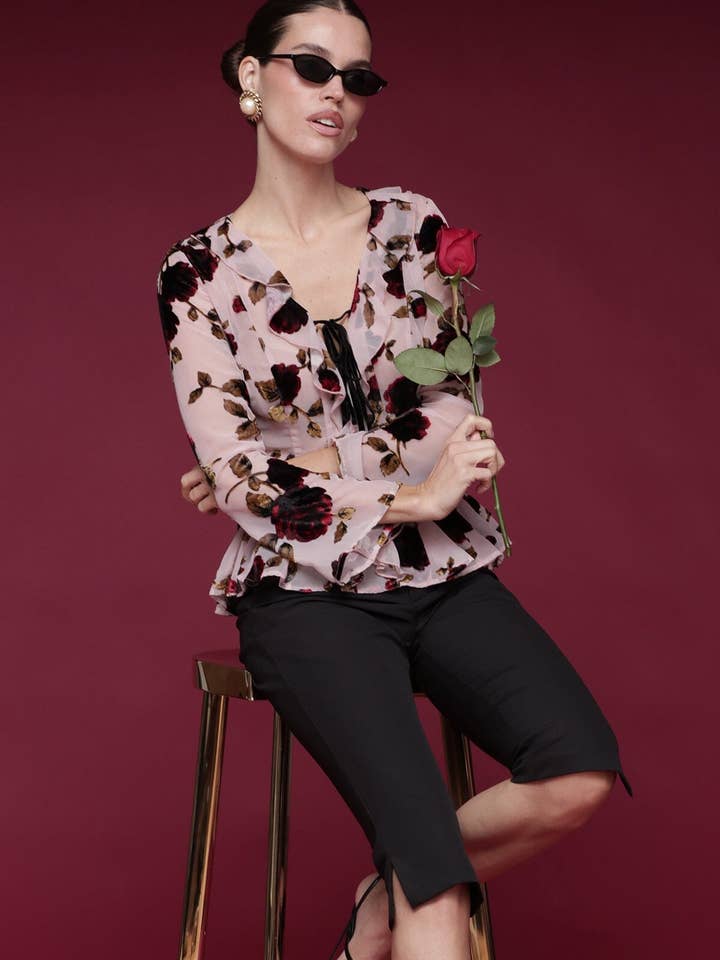 Floral Velvet Ruffle Blouse for wholesale by Avec Les Filles