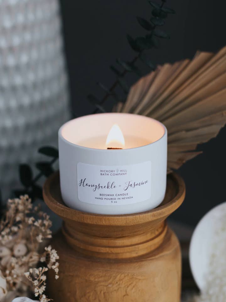 Honeysuckle + Jasmine Non-Toxic Beeswax Candle 5oz for wholesale by Hickory Hill Bath Company