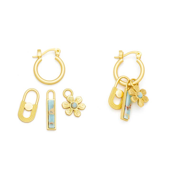 Scout Curated Wears - Wholesale Dangle Earrings - Interchangeable Charm Earring - Aqua Terra/Peace/Gold