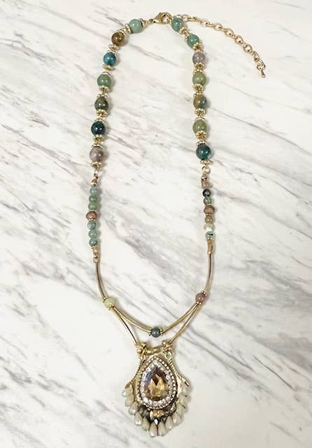 Anita K By Blushing Pink - Wholesale Pendant/Charm Necklace - Fancy Jasper Necklace with Crystal Pendant Drop