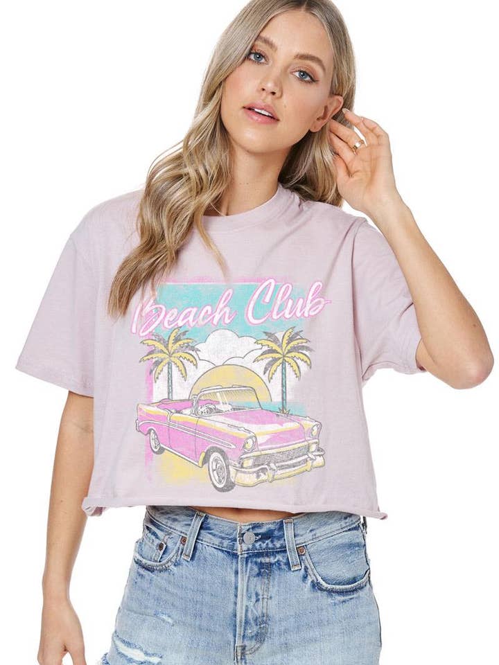 Zutter - Wholesale Screen Printed T-Shirt - Women's - Beach Club Vintage Graphic S/S Faux Cropped Tee0