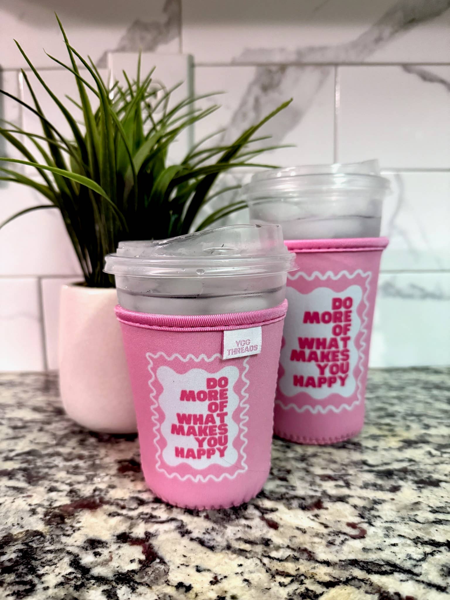 YGG Threads - Wholesale Drink Huggers & Koozies - Pink Do More Happy Iced Drink Sleeve - Medium1
