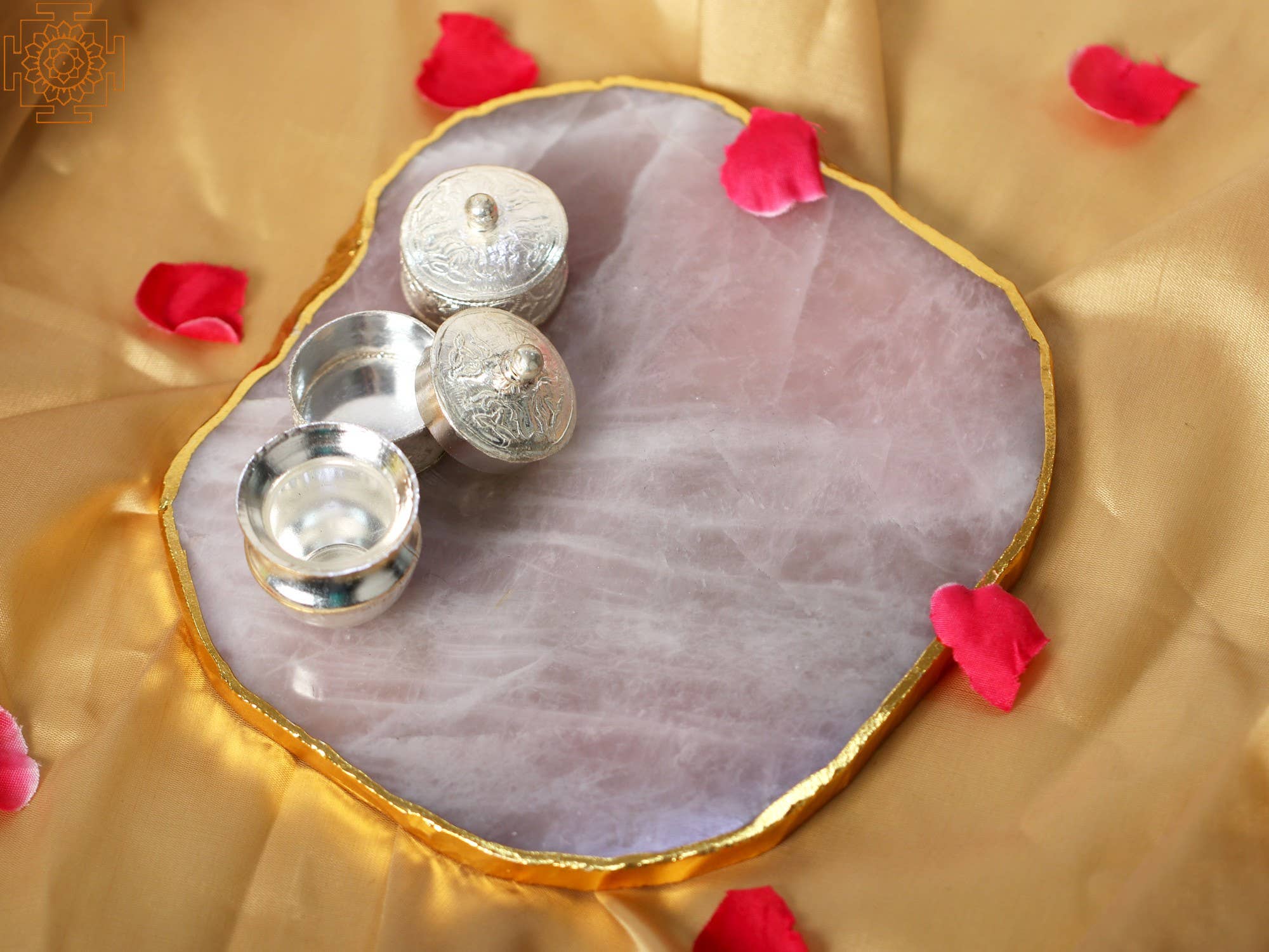 Exotic India Art – wholesale Jewellery dish – Rose Quartz Plate with Kumkum Box and Gangajali0