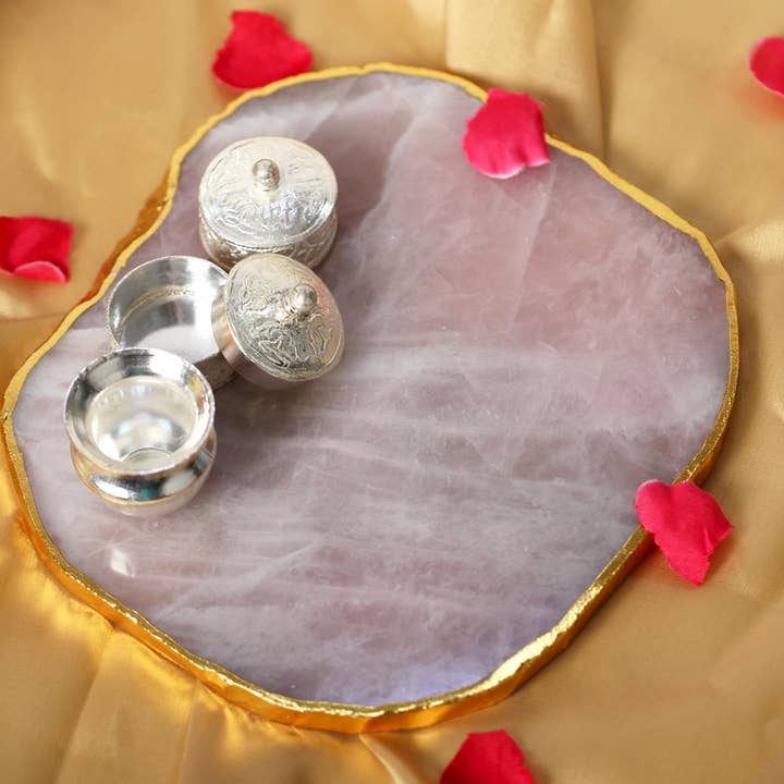 Exotic India Art – wholesale Jewellery dish – Rose Quartz Plate with Kumkum Box and Gangajali