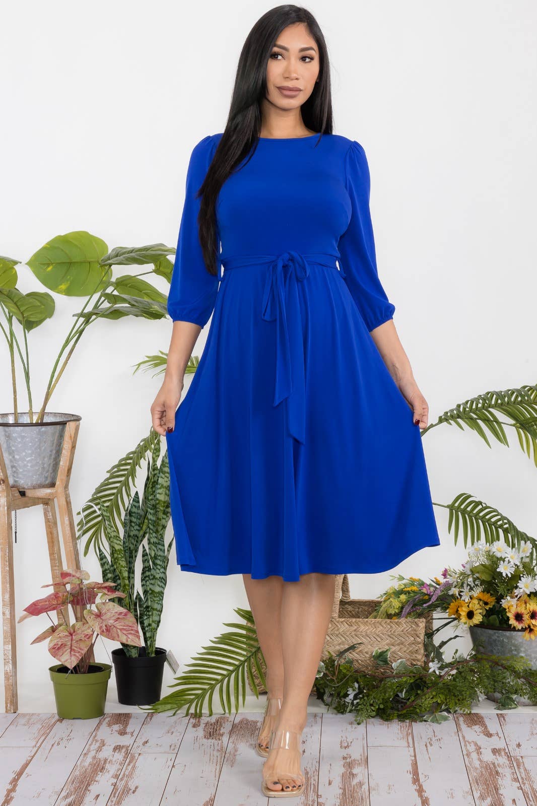 H&H Fashion Inc. – Großhandel Kleid – Damen – HH583X-S Plus Size Midi-Kleid mit Bindegürtel, Puffärmeln & Schlüsselloch-Ausschnitt26