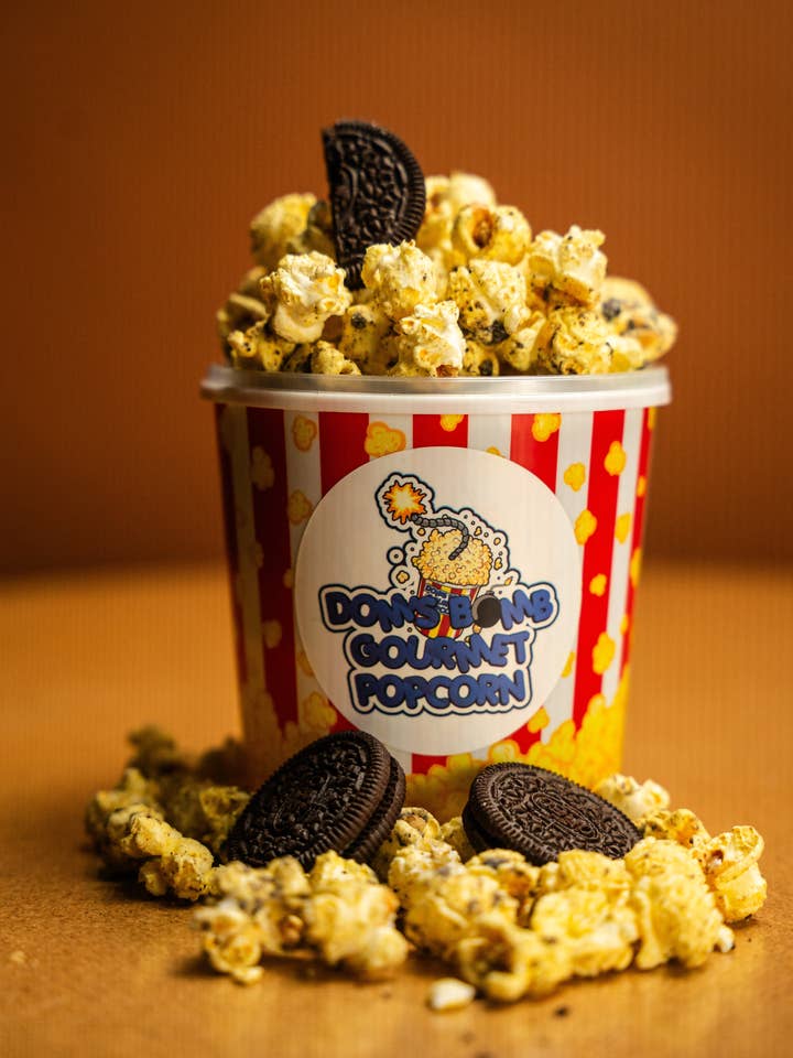 Cookies and Cream for wholesale by Dom's Bomb Gourmet Popcorn LLC