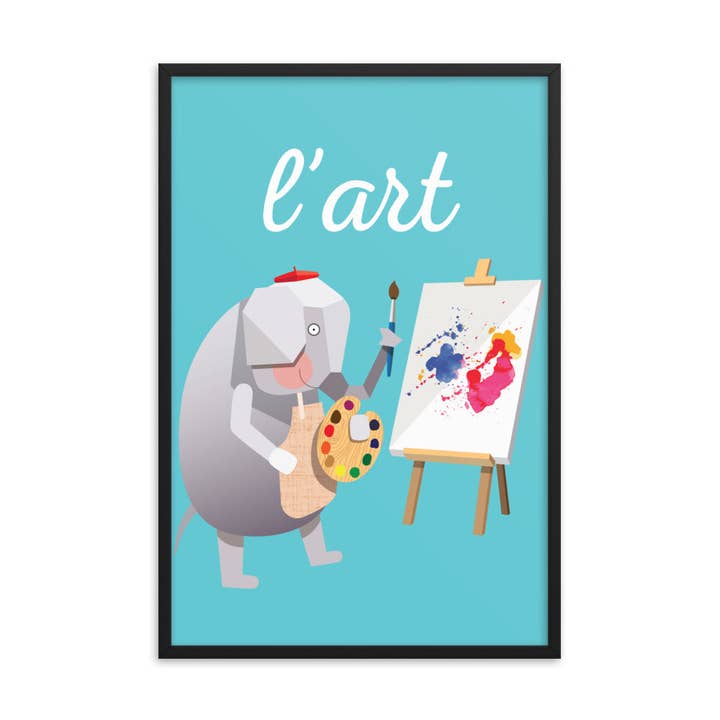 Impression artistique encadrée en forme d'éléphant, en français pour la vente par gabo and mateo designs