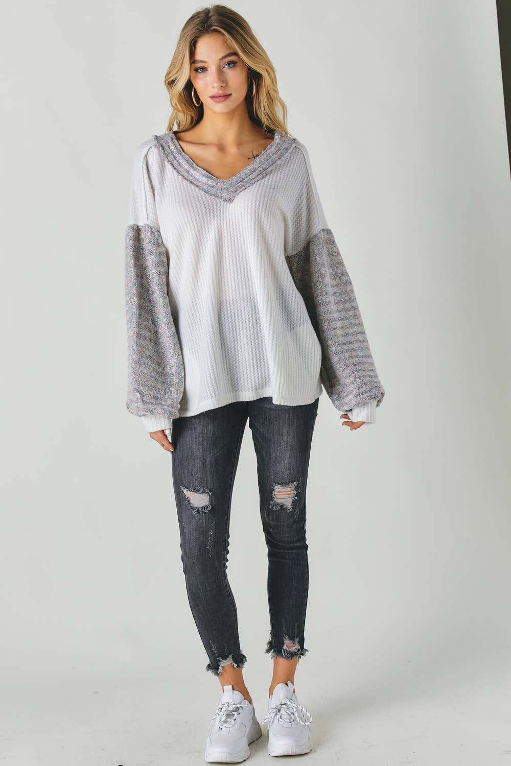 Davi & Dani - Vente Tunique – femme - PLUS LE BLOC DE COULEUR COL EN V HAUT À MANCHES LONGUES5