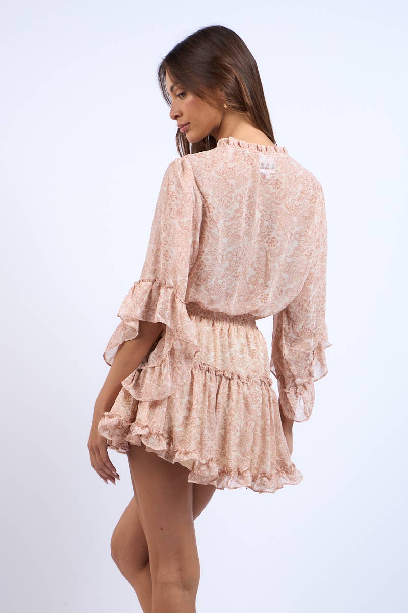 Young Deer CANTALOUPE FLARE SLEEVE RUFFLE TIERED MINI DRESS for wholesale on Faire3