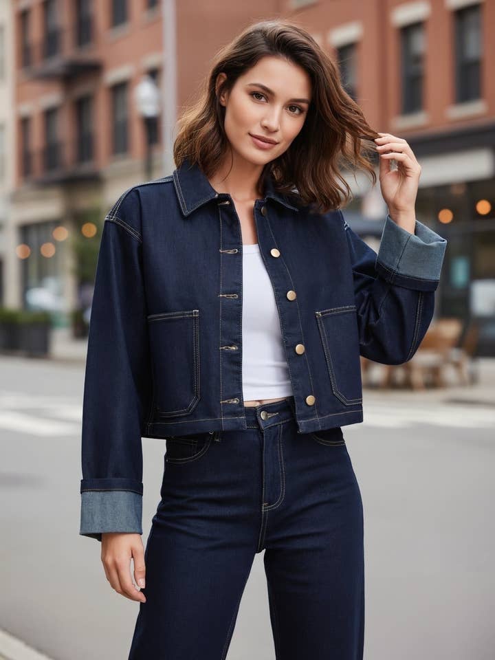 Casaco de ganga azul índigo com as mangas arregaçadas por atacado de Chilli Girl Collection