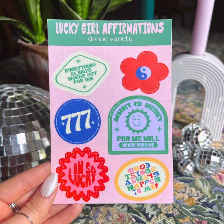 lucky girl affirmation sticker sheet for wholesale by divine variety