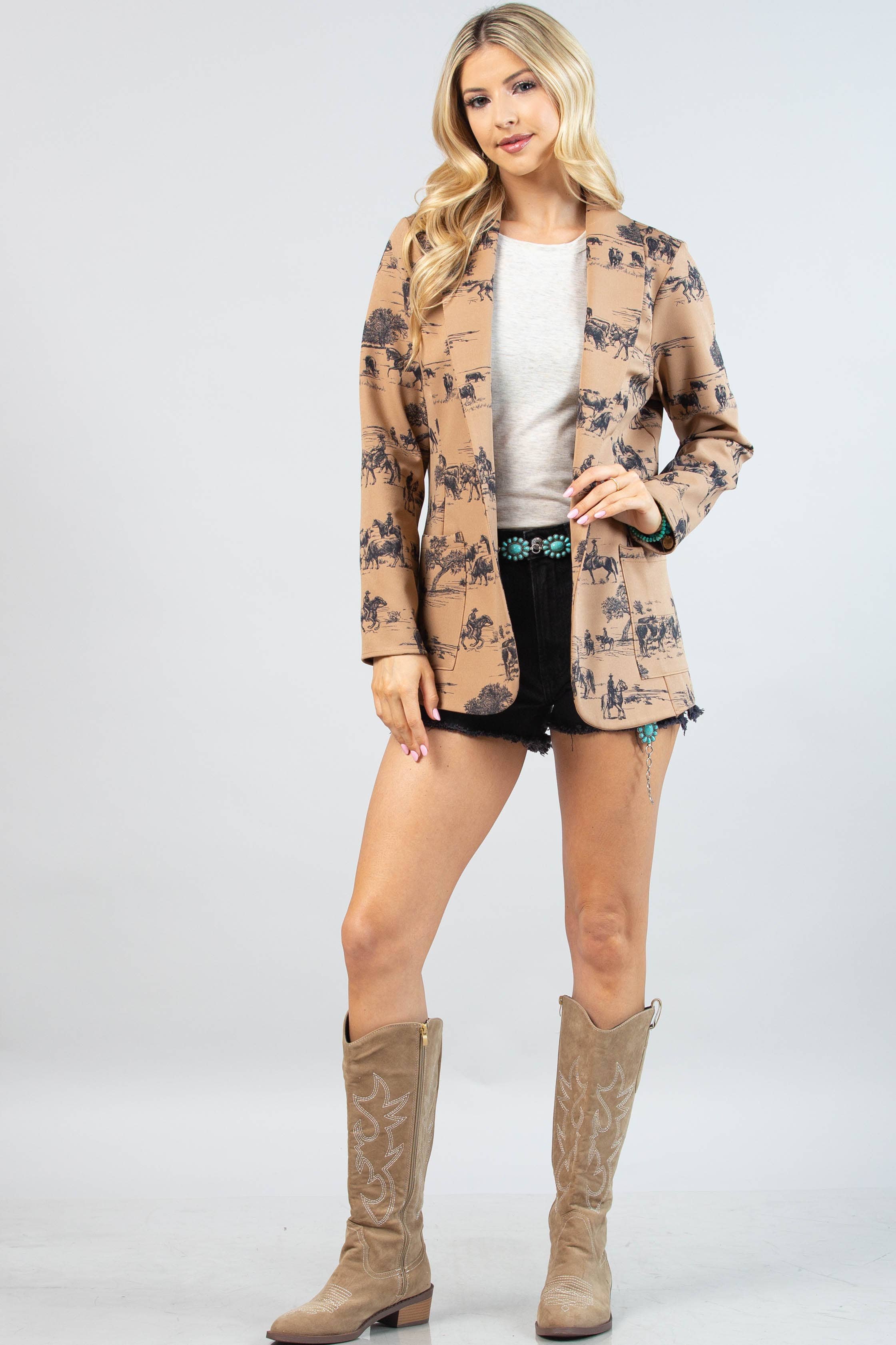 Cachi Blazer in tessuto medio con stampa Wild West e tasche AV1227-ISABEL in vendita all'ingrosso su Faire15